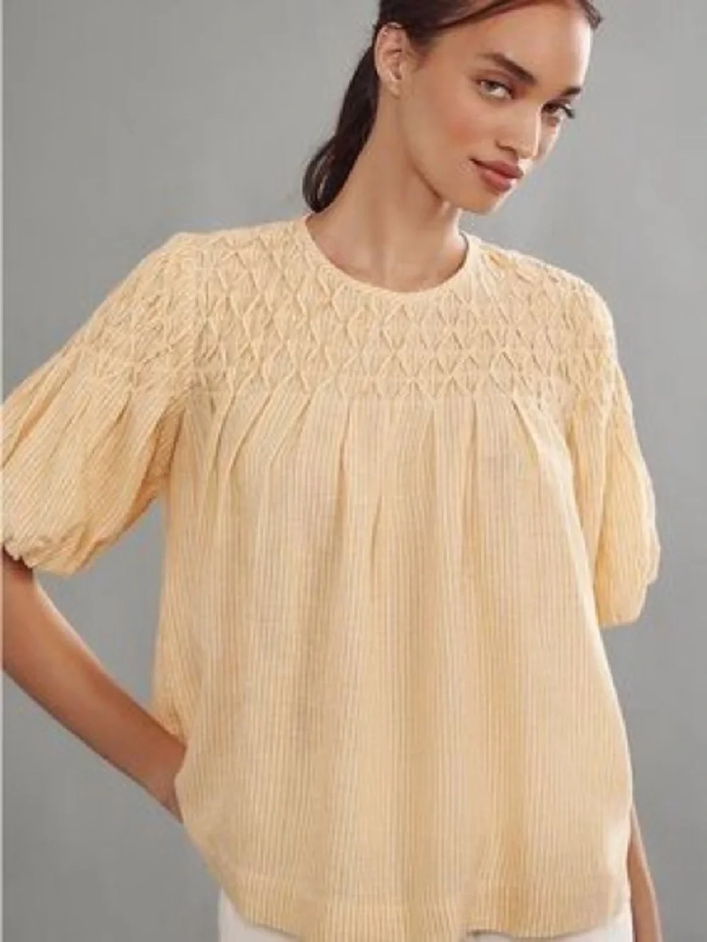 NWT Anthropologie Liza Puff SleeveSmocked Peasant Top - Butter Yellow Sz S